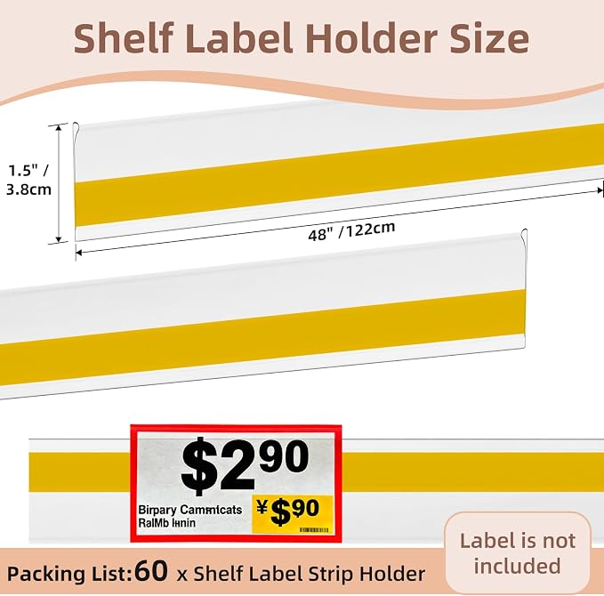 60 Pcs Shelf Label Strips, 1.5" H x 48" L Shelf Label Holders, Self Adhesive - Image 2