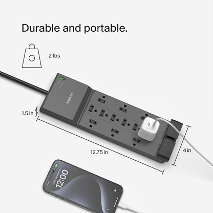 Belkin Surge Protector Power Strip w/ 12 AC Outlets & 8ft Long Flat Plug - Image 4
