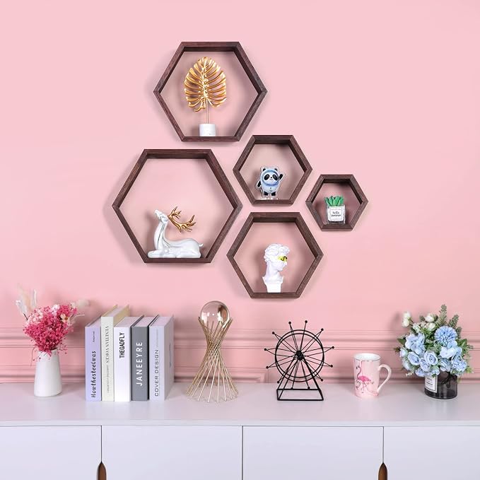 Hexagon Shelves, Floating Wall Shelf, Honeycomb Octagon Cube Shelves Wood | - Image 2