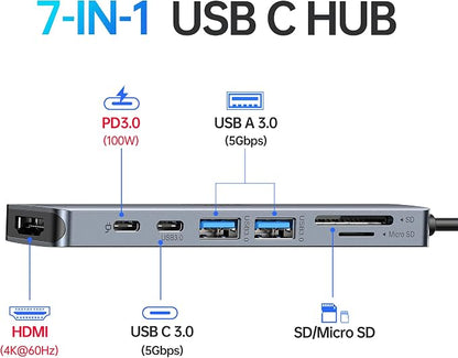USB C Hub HDMI Adapter for MacBook Pro/Air, 7 in 1 USBC Dongle - Image 2