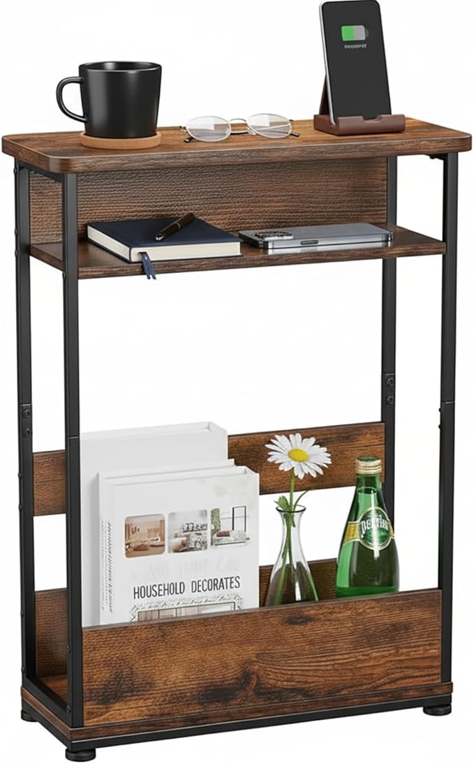 Vintage Narrow Side Table with Storage Shelf, 3 Tier Slim End Table Modern Sofa by YEAKOO