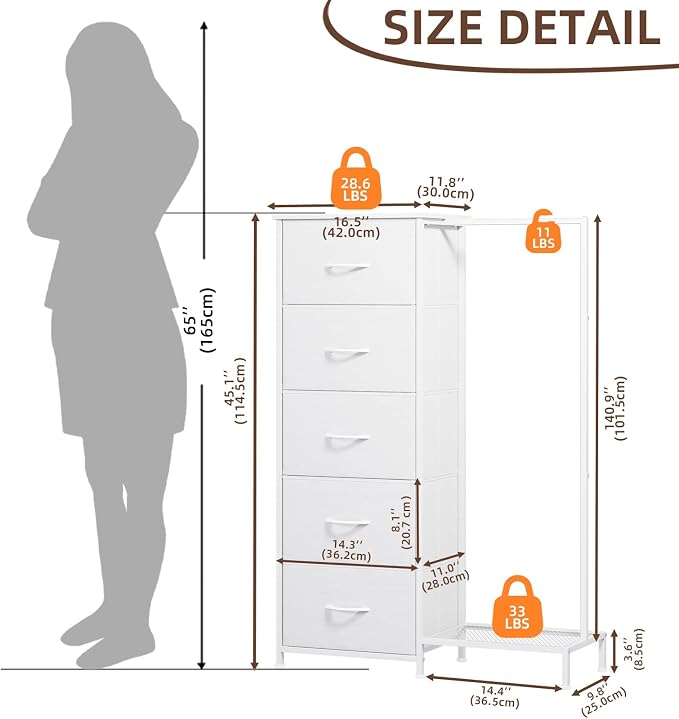 Somdot Dresser with Hanging Rack, 5 Drawers Small Closet - Image 3