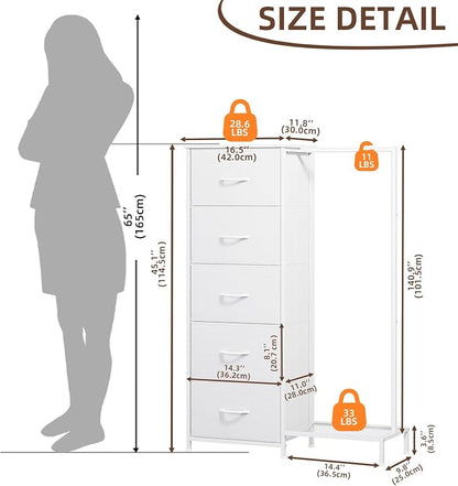 Somdot Dresser with Hanging Rack, 5 Drawers Small Closet - Image 3