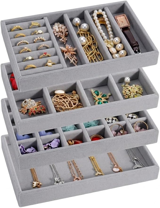 Velvet Jewelry Drawer Organizer – Four-Piece Stackable Jewelry Tray Set by wowewk