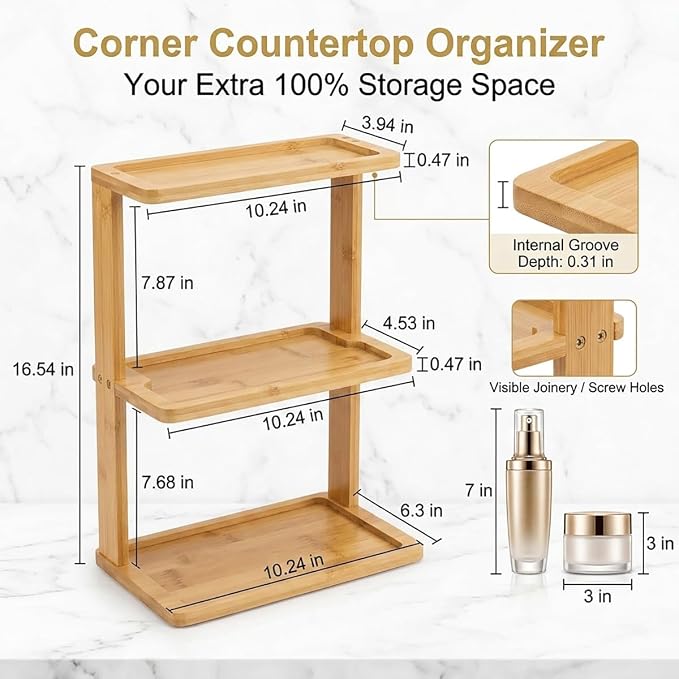 PEKER Bamboo Bathroom Organizer Countertop – Vanity Storage Shelf - Image 3