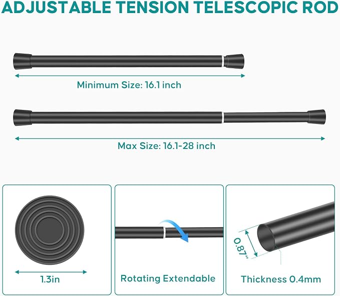 Black Adjustable Shower Curtain Rod 16-28 Inches 1 pc, 7/8" Diameter Anti-slip - Image 2
