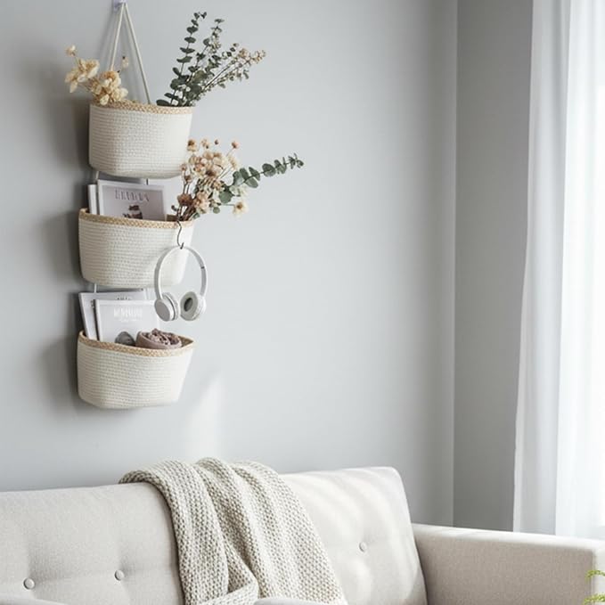 TeoKJ Over the Door Hanging Basket, 3-Tier Woven Cotton Wall-Mounted Storage - Image 4