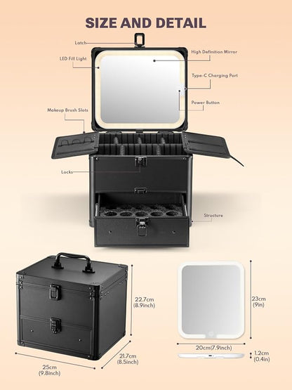 Qislee Makeup Box with Drawer and A Detachable Lighted Mirror, Waterproof - Image 3