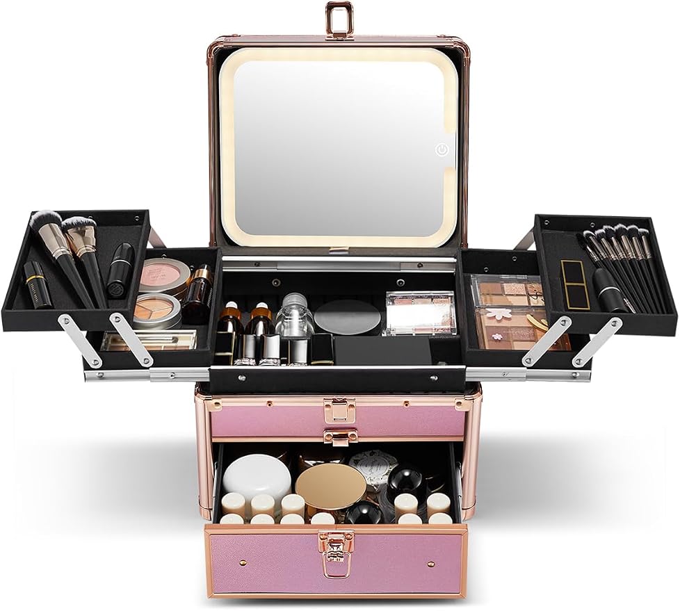 Qislee Makeup Box with Drawer and Four Trays, A Detachable Lighted Mirror by Qislee