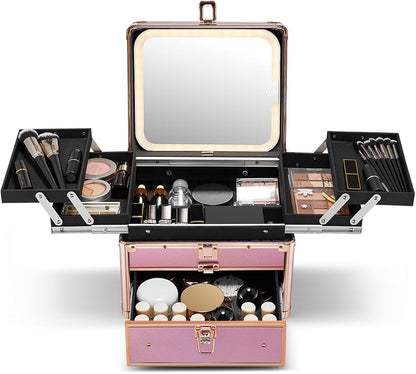 Qislee Makeup Box with Drawer and Four Trays, A Detachable Lighted Mirror by Qislee