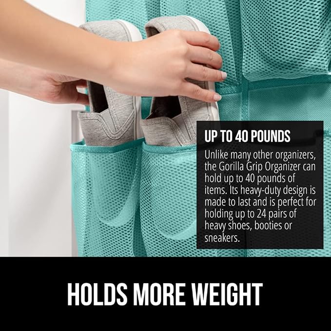 GORILLA GRIP Over the Door Shoe Organizer, 24 Large Breathable Mesh Pockets - Image 3