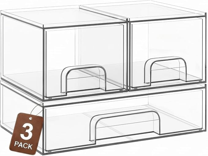 Clear Stackable Storage Drawers, Acrylic Bathroom Makeup Organizer, Plastic Bins by TIPGO