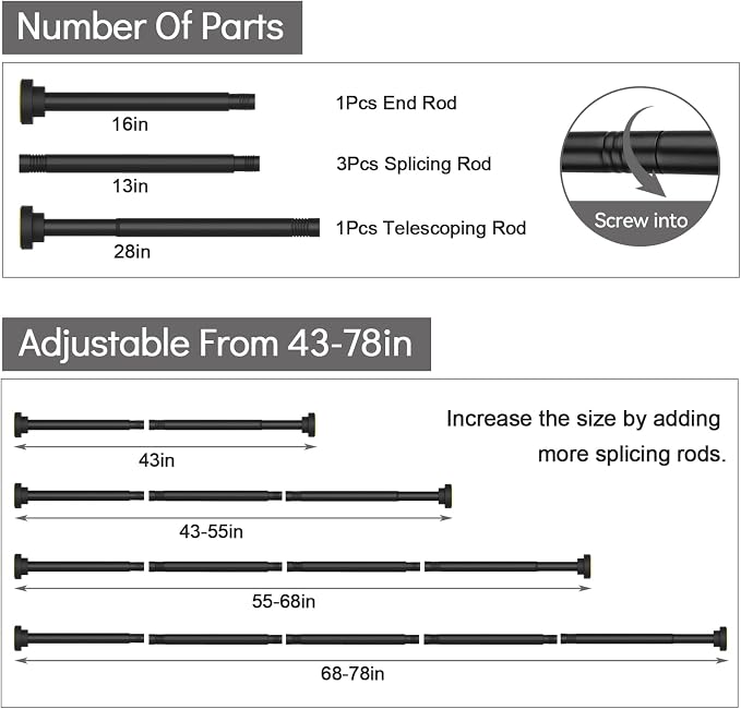 Thestoa Shower Curtain Rod Adjustable 43-78 inch, Anti-Rust Non-Slip Shower Rod - Image 5