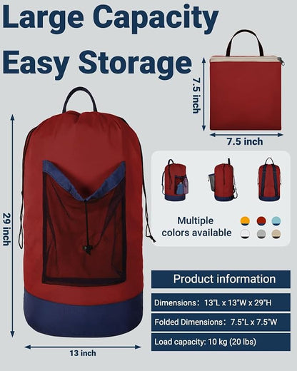 Laundry Bag with Shoulder Straps and Mesh Pocket Laundry Backpack Large - Image 2