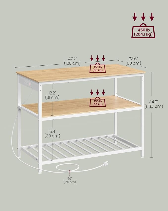 VASAGLE Kitchen Island with 3 Shelves, Kitchen Shelf with Power Strip, 23.6 x - Image 3