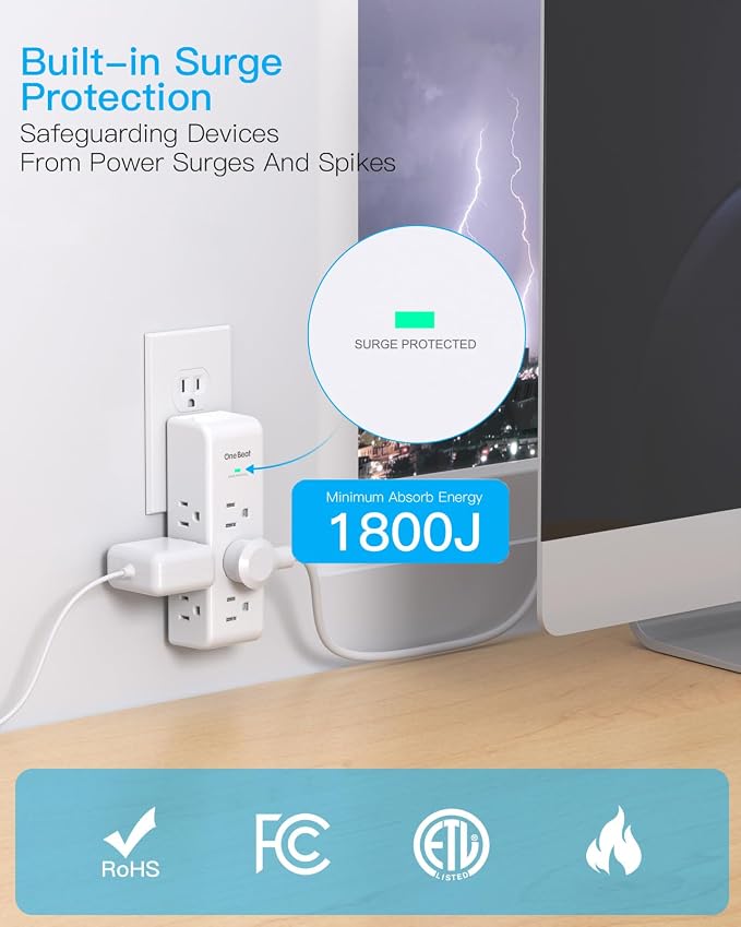 2 Pack Surge Protector Outlet Extender, 9 AC Multi Outlet Wall Plug - Image 4