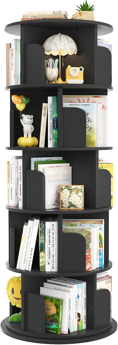 Aheaplus 5 Tier Rotating Bookshelf, Wood Spinning Bookshelf Tower, Round - Image 8