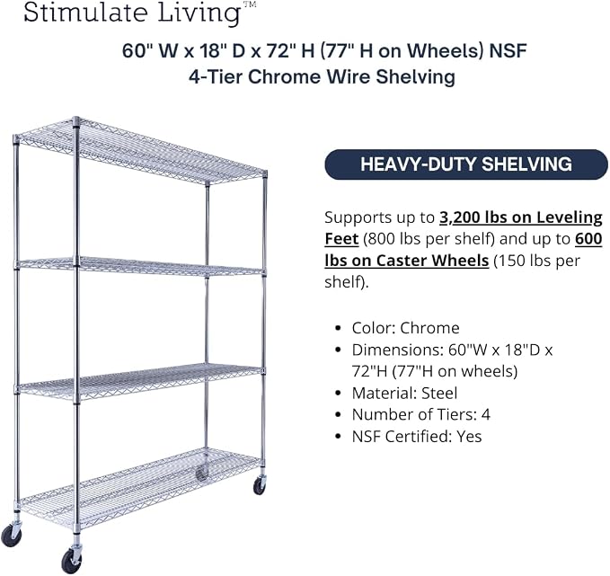 60"x18"x72" Prime Heavy Duty Chrome 4-Tier Wire Shelving NSF 3200 LBS MAX - Image 4