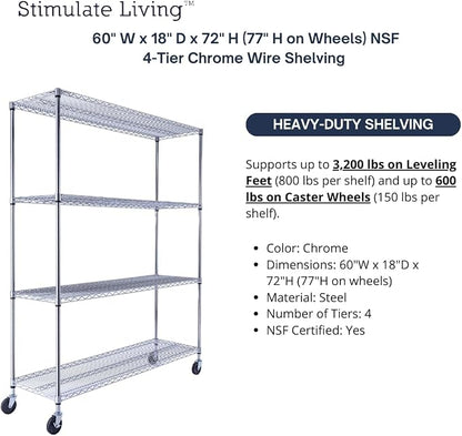 60"x18"x72" Prime Heavy Duty Chrome 4-Tier Wire Shelving NSF 3200 LBS MAX - Image 4