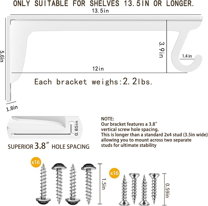 13.5x5.6 in Heavy Duty Closet Rod Support Bracket | 400lbs Capacity Sturdy Wall - Image 2