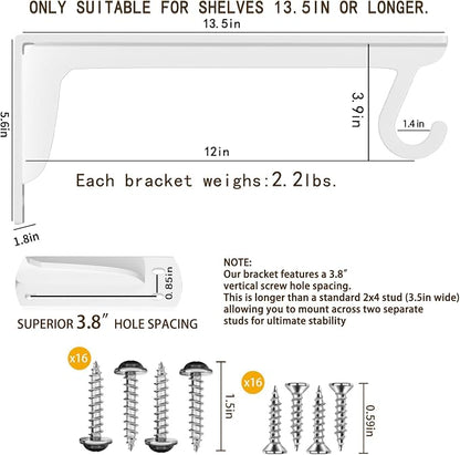 13.5x5.6 in Heavy Duty Closet Rod Support Bracket | 400lbs Capacity Sturdy Wall - Image 2