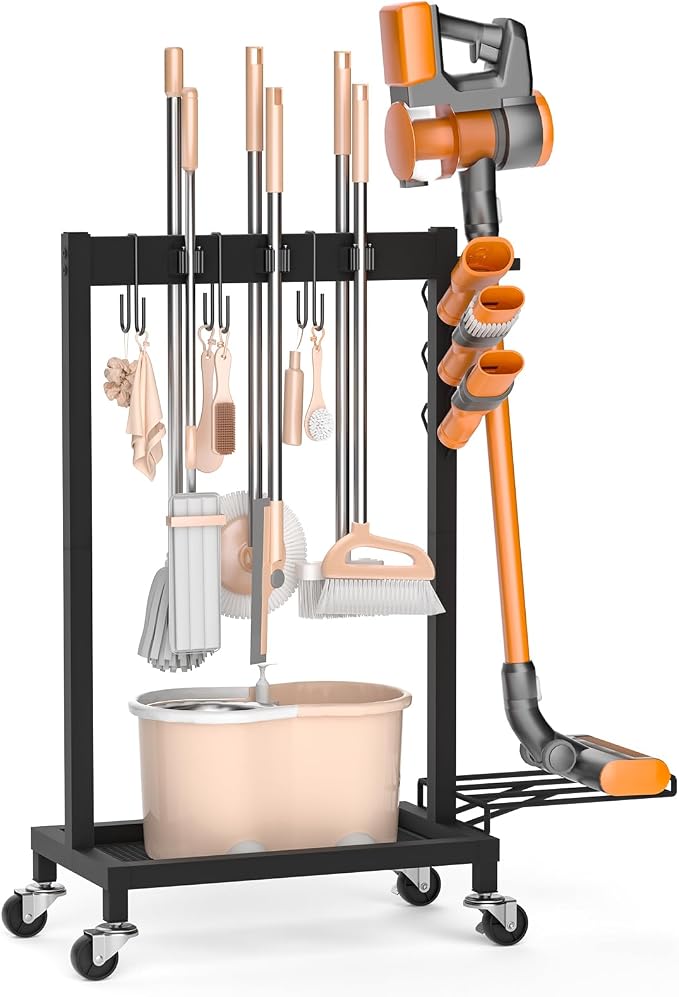 Broom Holder with Cleaning Supplies Organizer Load 160 LBS Cleaning Cart with by FLOUREEbyFetchHome