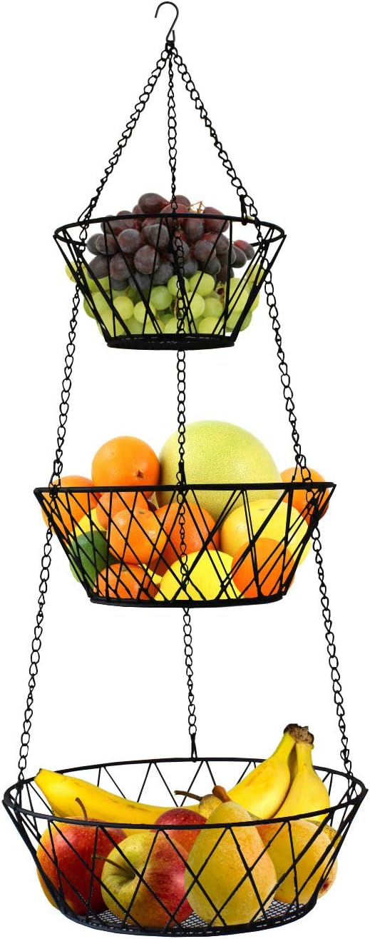 Heavy Duty - 3 Tier Hanging Kitchen Black Fruit Basket by Blue+Donuts