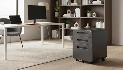 Modern 3-Drawer Mobile File Cabinet, Dark Grey Metal Filing Cabinet by FEBORY