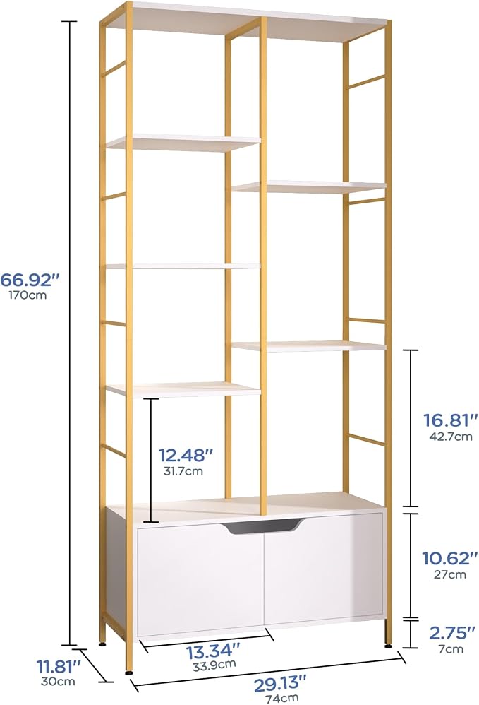 Bookshelf with Doors, 6-Tier Shelf with Storage Cabinet, Industrial Retro - Image 2