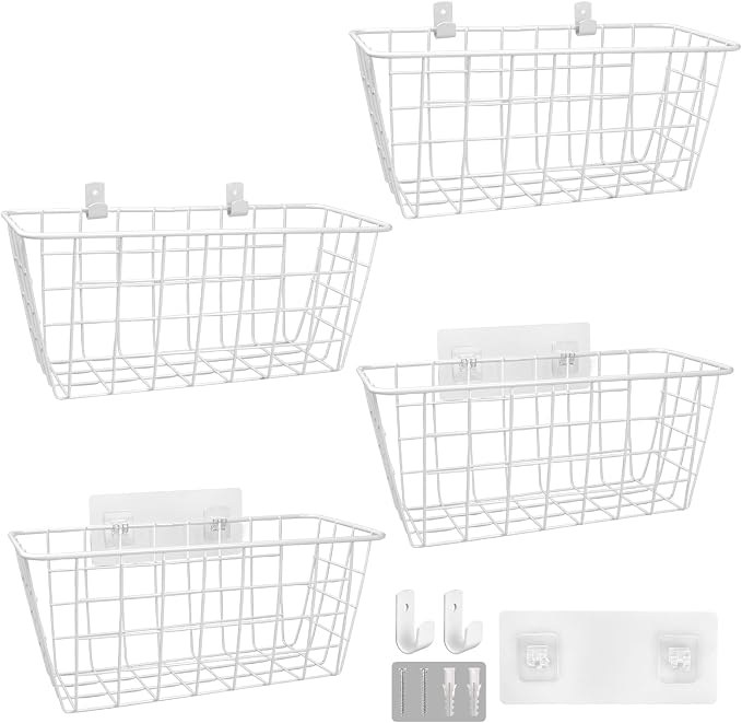 Wire Hanging Wall Basket, 4 White Metal Baskets, Adhesive Cabinet Organizer | - Image 8