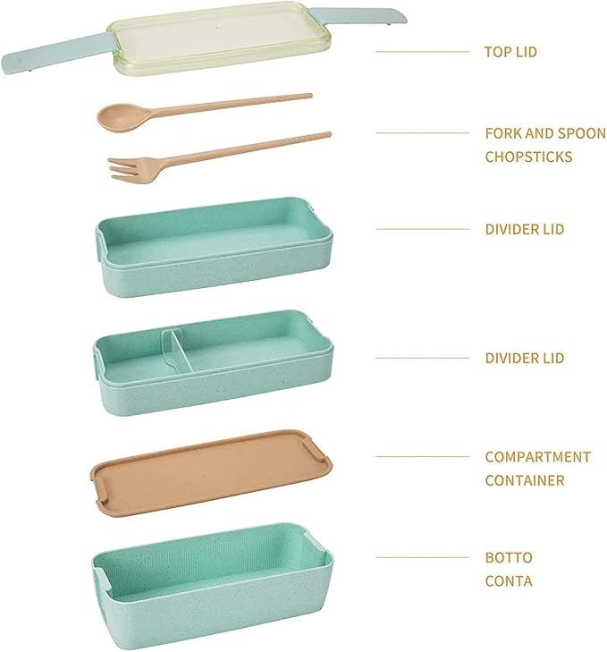 Rarapop Green Stackable Bento Lunch Box Kit, 3-In-1 Compartment Wheat Straw - Image 2