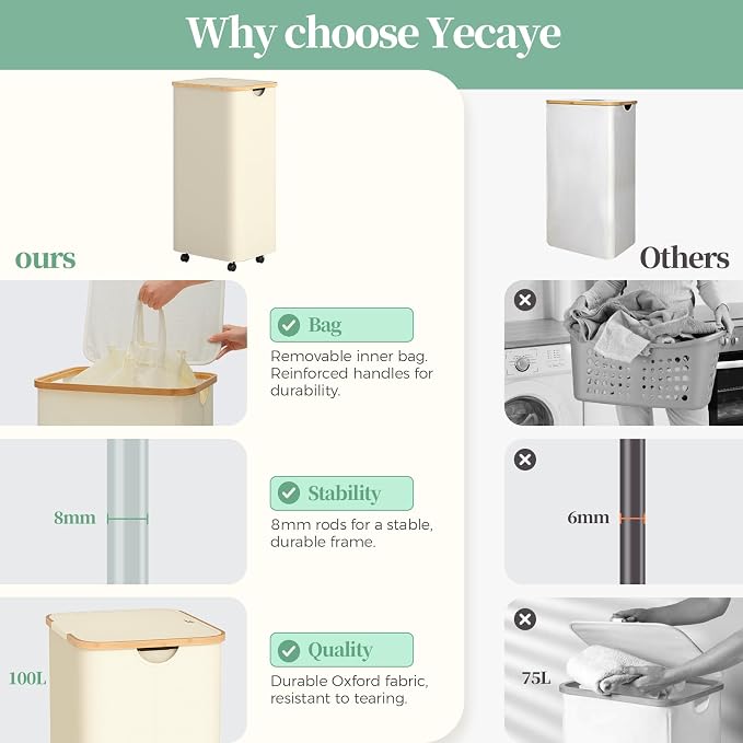 Yecaye 100L Large Capacity Laundry Hamper – Foldable Rolling Laundry Basket - Image 6