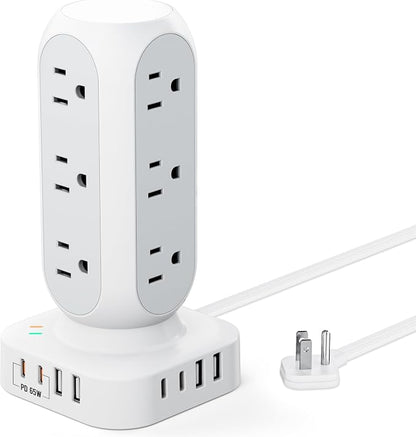 65W Fast Charging Station, Flat Plug Power Strip Tower by TenTrend