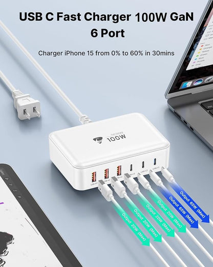 USB C Fast Charger, 100W GaN 6 Port USB C Fast Charging Station Hub Block Cube - Image 2