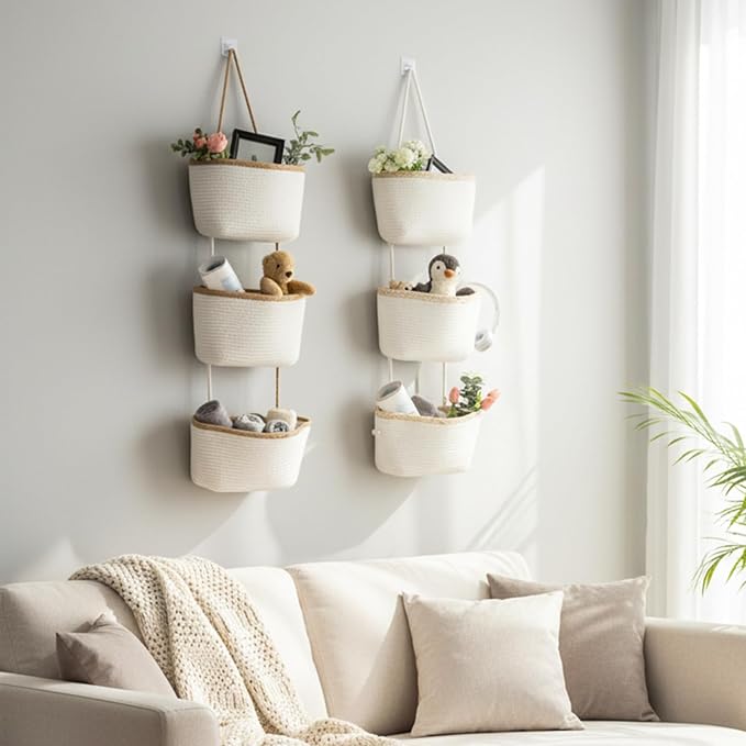 TeoKJ Over the Door Hanging Basket, 3-Tier Woven Cotton Wall-Mounted Storage - Image 7
