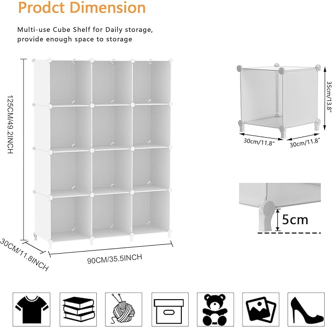 AWTATOS Cube Storage Organizer Storage 12 Cube Bookshelf DIY Plastic Closet - Image 3