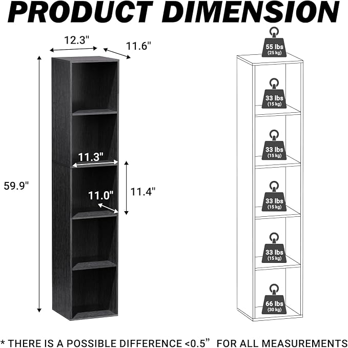 5 Cube Storage Organizer, Narrow Open Shelf Bookcase, Freestanding Low Display - Image 3