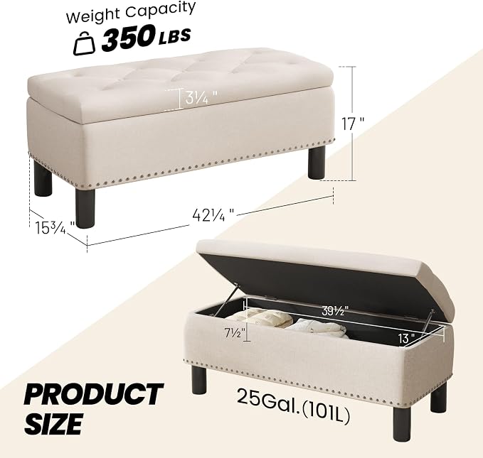 Furniliving Large Storage Ottoman, Wood Frame, Linen Fabric, 285 Lbs Capacity - Image 2