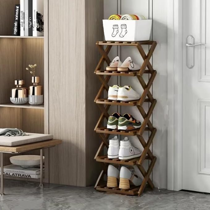 6 Tier Foldable Shoe Rack, Bamboo Vertical Shoe Organizer Tall by XZXWZX