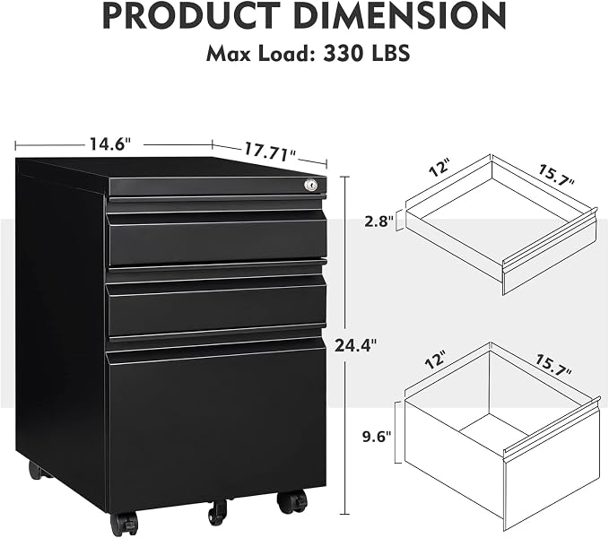 MIIIKO 3 Drawer File Cabinet, Metal Filing Cabinet - Image 3