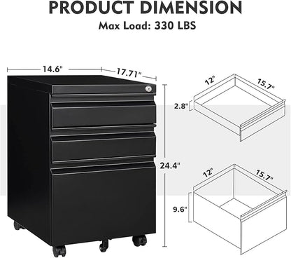 MIIIKO 3 Drawer File Cabinet, Metal Filing Cabinet - Image 3