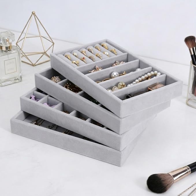 Velvet Jewelry Drawer Organizer – Four-Piece Stackable Jewelry Tray Set - Image 8