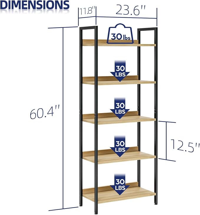 NUMENN Bookshelf, 5 Tier Bookshelves, Home Office Bookcase Shelf Storage - Image 3