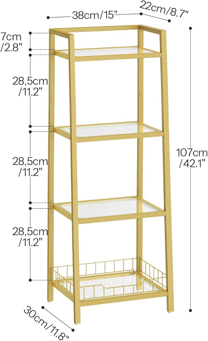 HOOBRO Gold Glass Shelf Stand, 4 Tier Standing Shelf Unit, Bathroom Organizer - Image 2