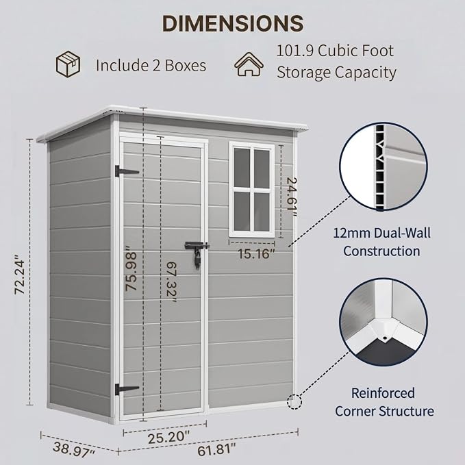 Gizoon 5x3 FT Resin Outdoor Storage Shed, Weather-Resistant Plastic Garden Tool - Image 2