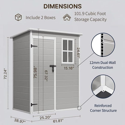 Gizoon 5x3 FT Resin Outdoor Storage Shed, Weather-Resistant Plastic Garden Tool - Image 2