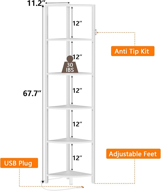 6 Tier Corner Shelf with LED Light, 67.5" White Narrow Bookshelf | Tall - Image 2