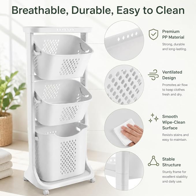 3 Tier Laundry Basket, Stackable Rolling Laundry Sorte Multi-functional Clothes - Image 6