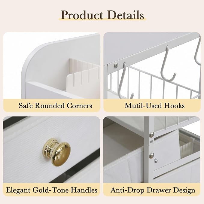 Makeup Organizer Cart with Drawers & 8 Dividers, Rolling Beauty Cart with Hooks - Image 7