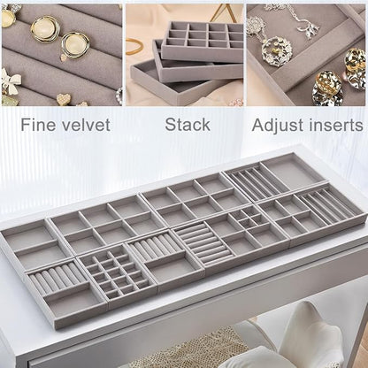 10 Pack Jewelry Organizer Tray Drawer Inserts Stackable Velvet Liner Dividers - Image 5